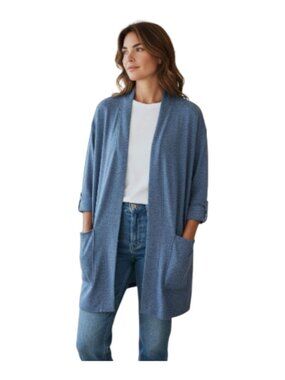 Eileen Fisher Merino Wool Open Cardigan 3/4 Sleeve Blue Minimalist Small Petite